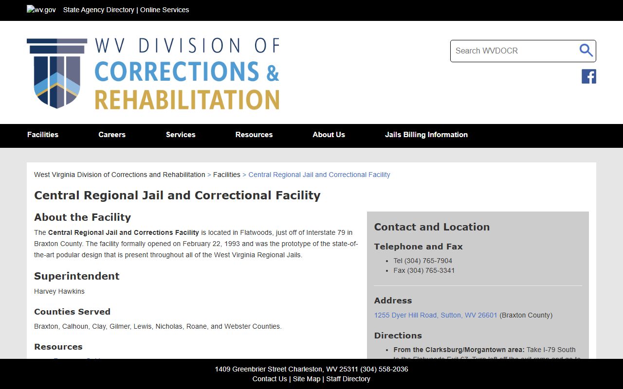 WVDCR Central Regional Jail facility page for the jail serving Roane County