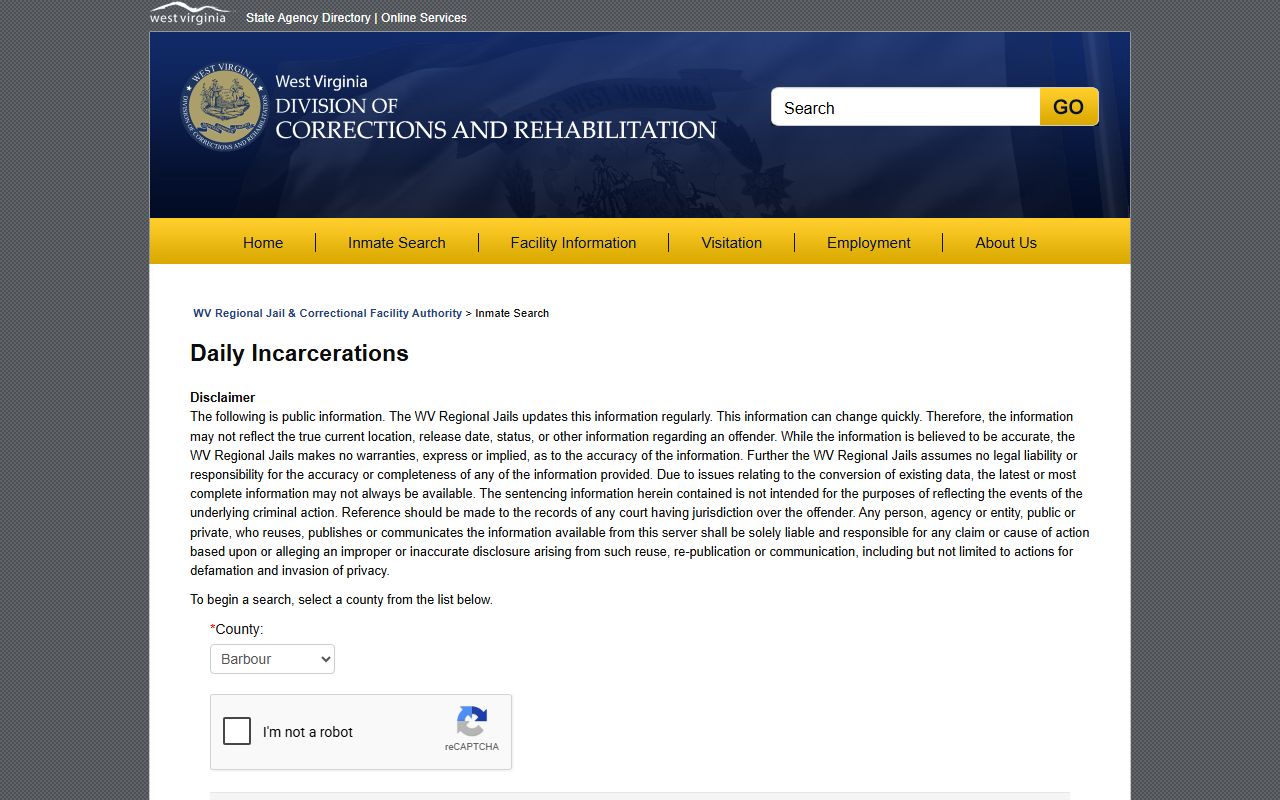 WVDCR Daily Incarcerations county dropdown including Roane County