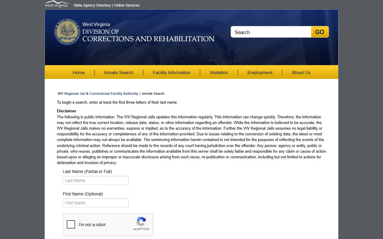 WV Regional Jail offender search form for Roane County jail custody lookup